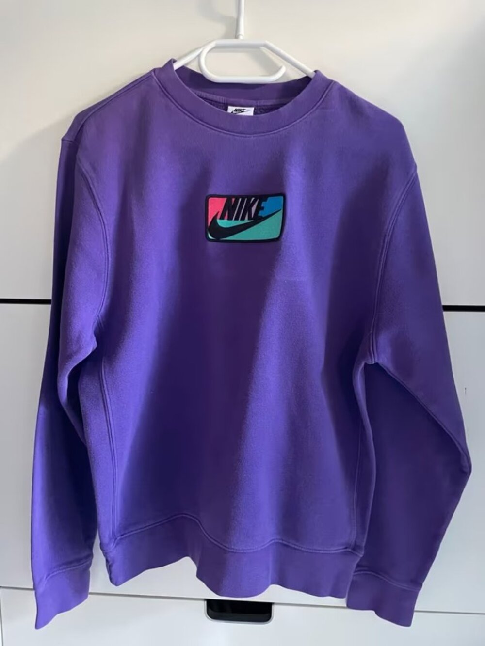 Nike Sportswear Crewneck Sweatshirt — Purple with Retro Logo Patch, Size S,